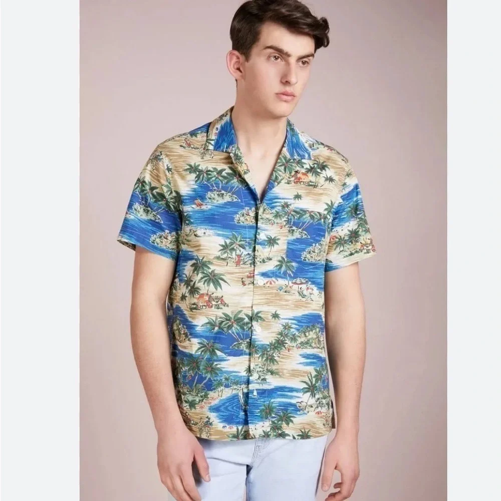 J.Crew Camp Collar Printed Slub Cotton Shirt Button Down in Blue Size Large